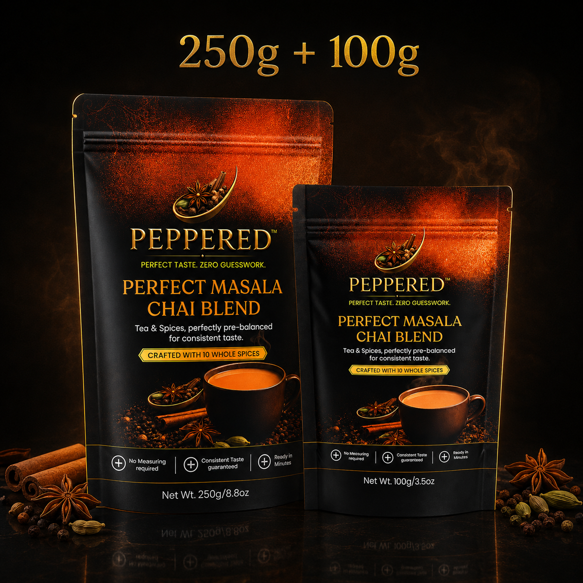 Peppered Masala Chai Blend | Authentic 10 Whole Spice Infused Black Tea | Rich Aromatic Indian Tea | Combo Pack (250g + 100g)